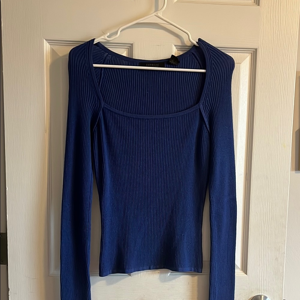 Blue Ribbed Long Sleeve Top